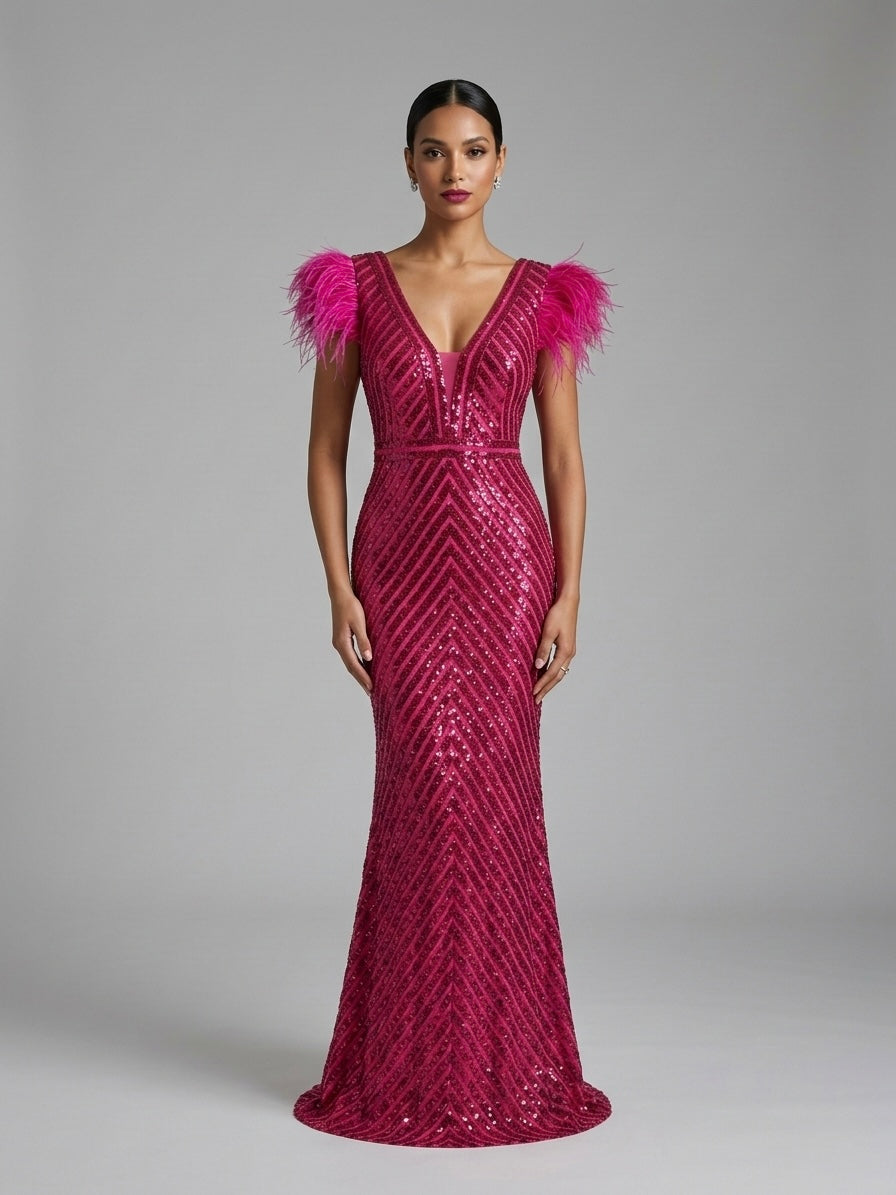 Abito longuette piume paillettes fucsia