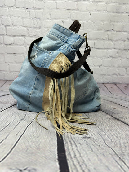 Borsa hand made denim frange stampa