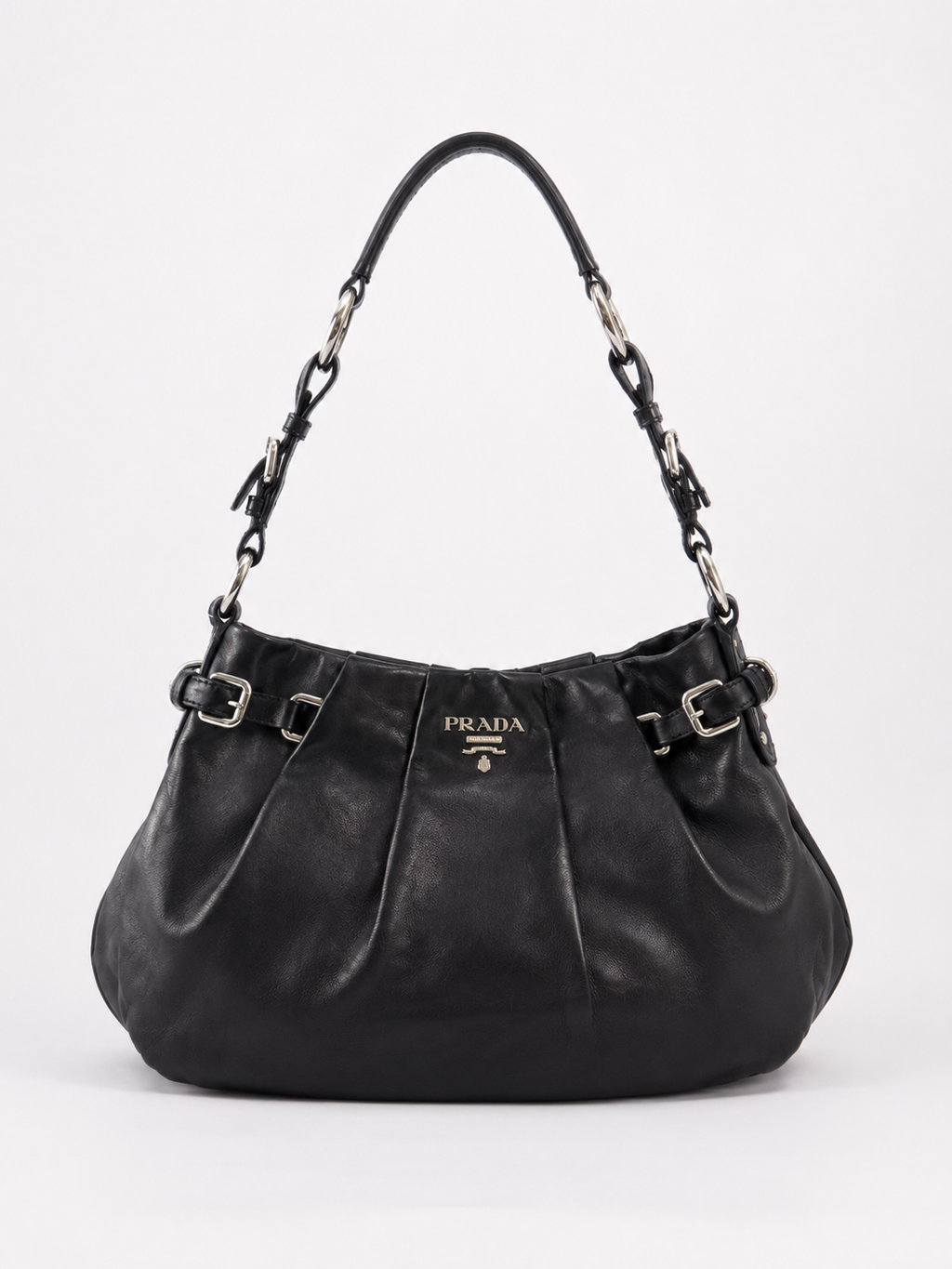 Prada Buckle Pleated Shoulder Hobo Bag Soft Calf Medium