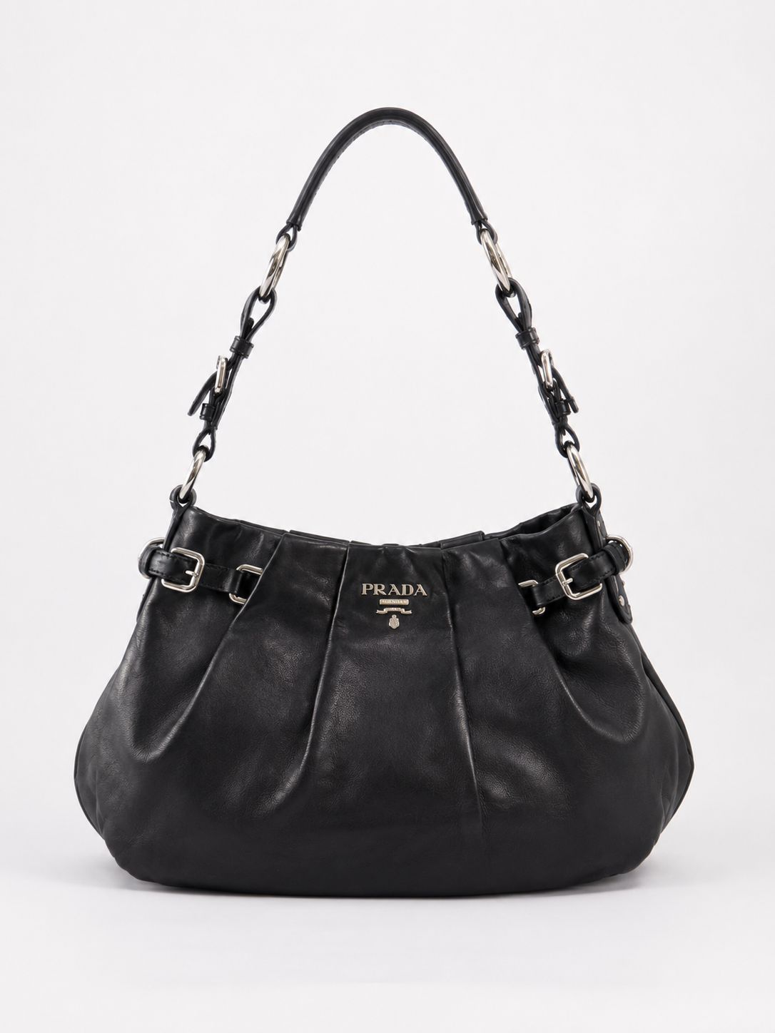 Prada Buckle Pleated Shoulder Hobo Bag Soft Calf Medium