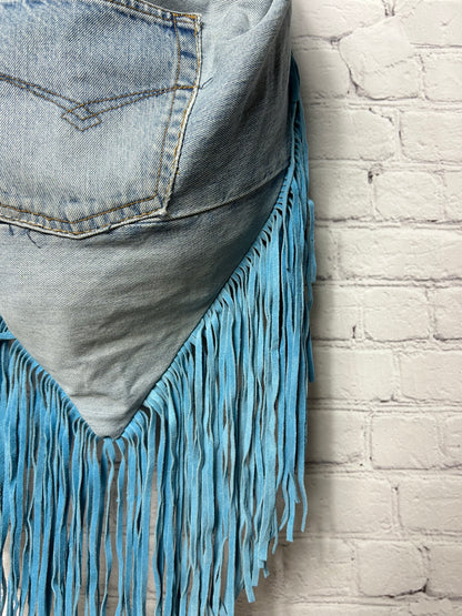 Denim bag fringes handmade light blue