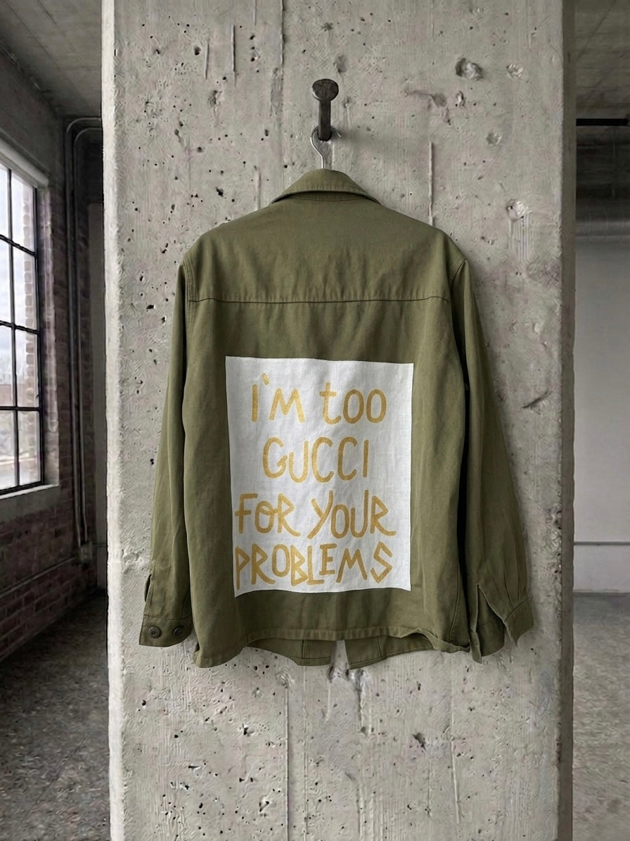 Giacca-camicia militare ‘I’m too Gucci’ upcycled