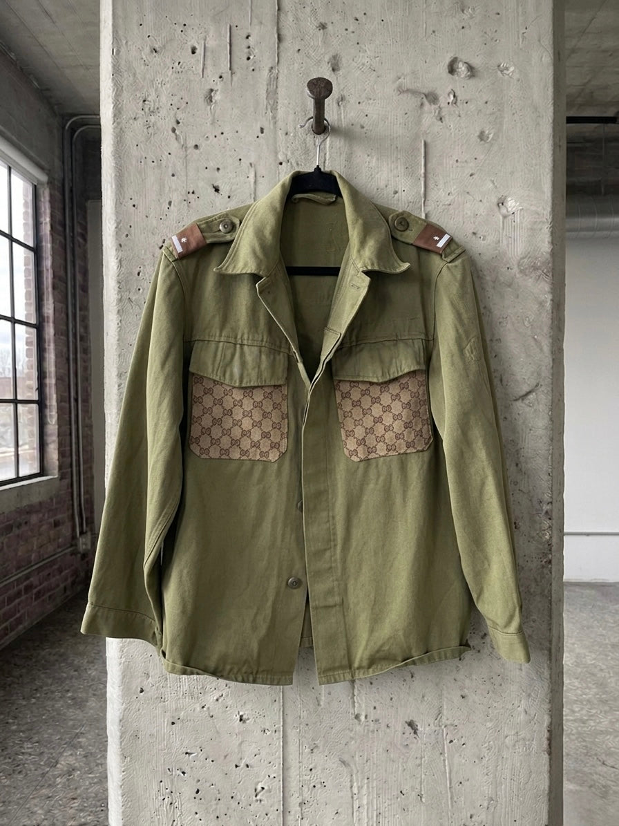 Giacca-camicia militare ‘I’m too Gucci’ upcycled