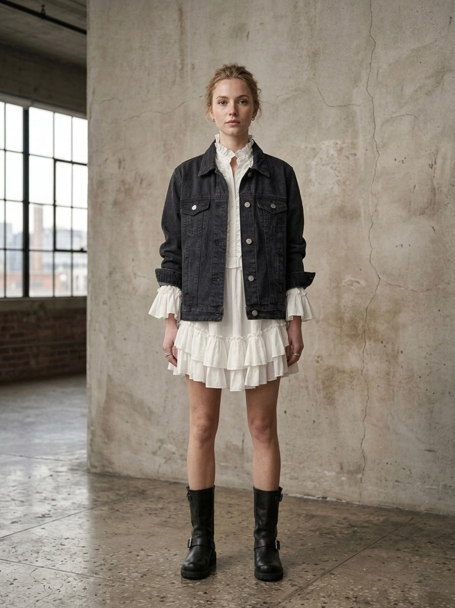 Giacca denim ‘lancio frecciatine’ hand printed