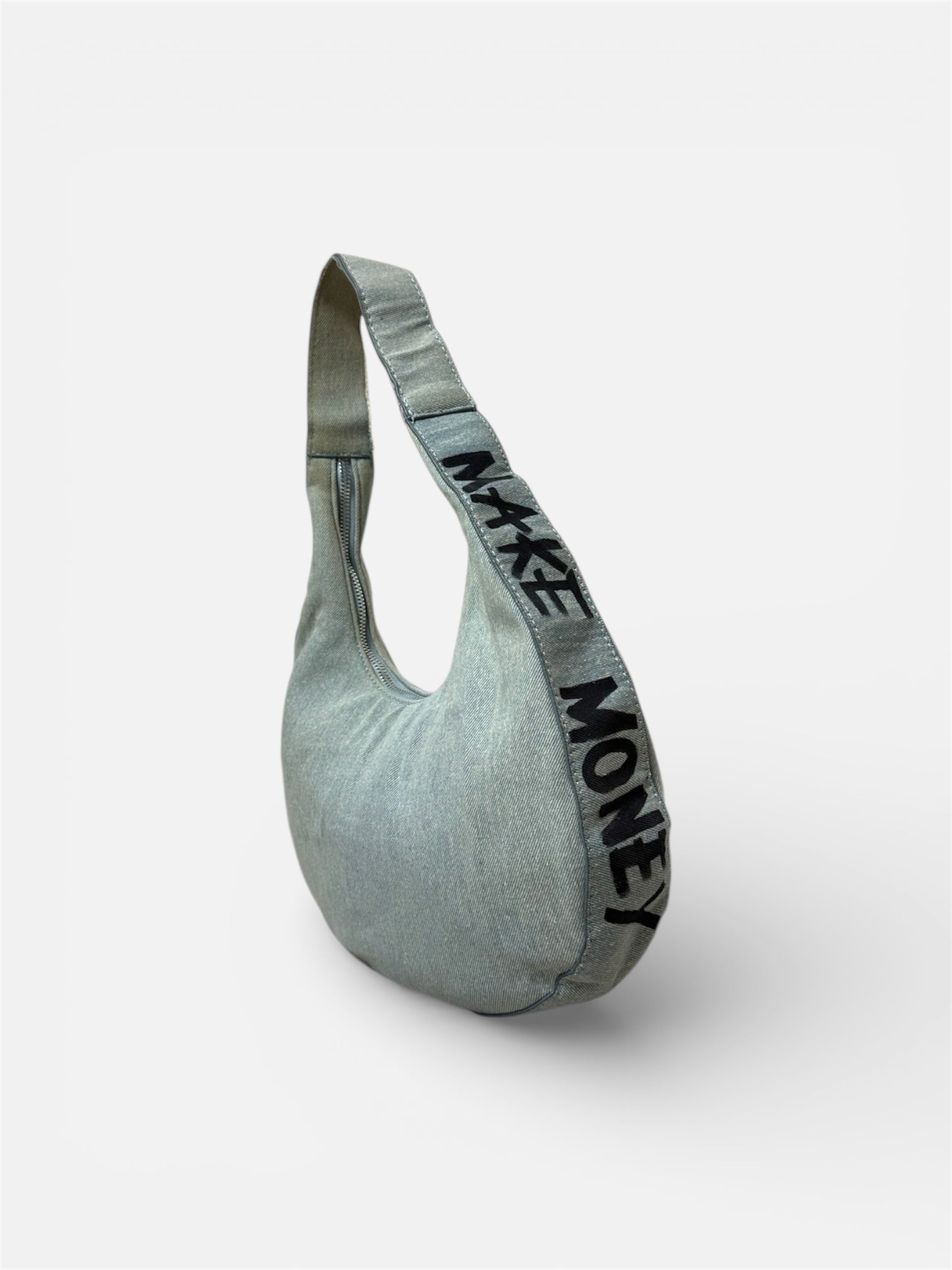 Borsa denim mezzaluna ‘Make money not love’ handmade