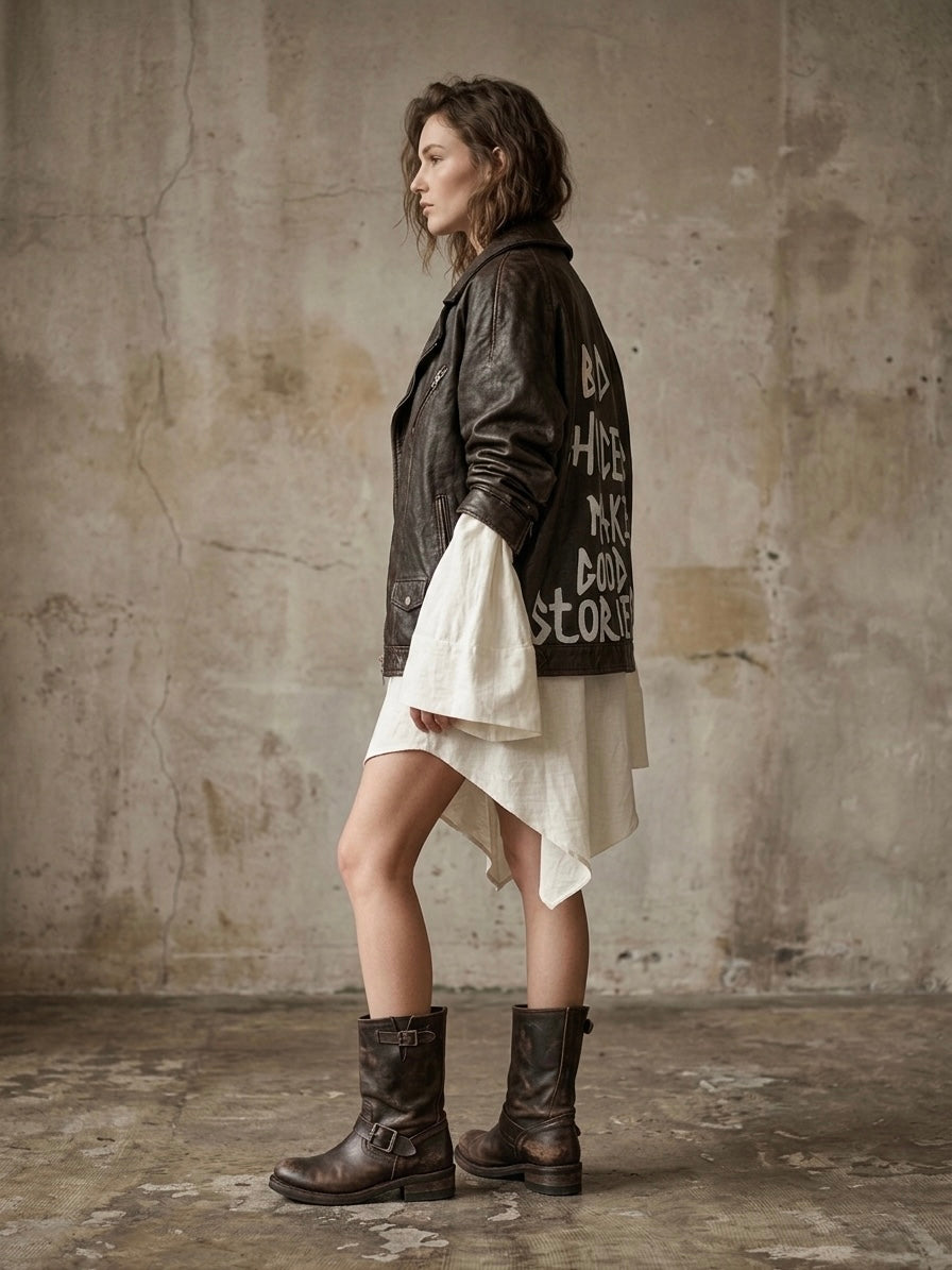 Giacca in pelle vintage ‘Bad choices’ hand printed
