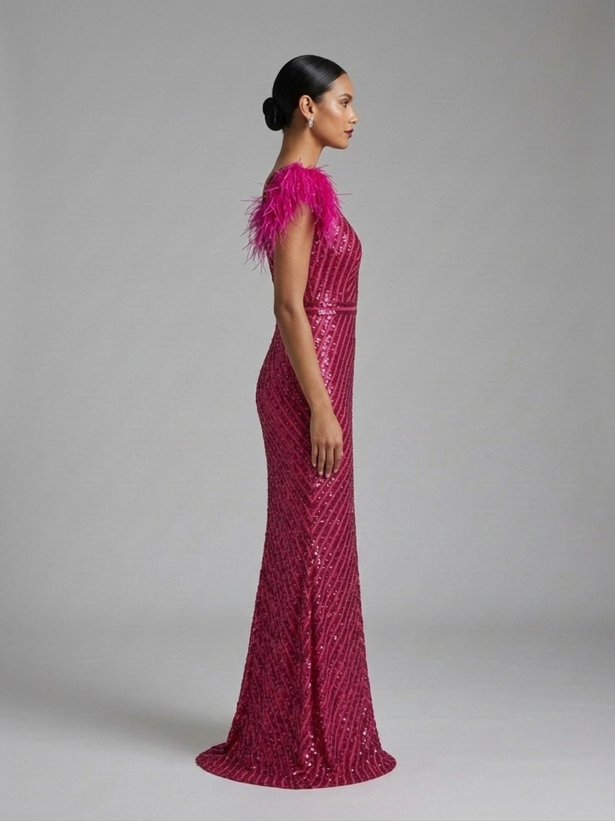 Abito longuette piume paillettes fucsia