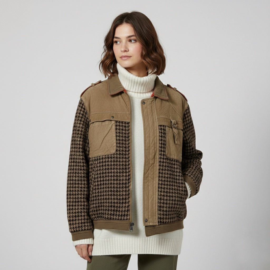 Bomber vintage in pelle e lana pied de poule unisex