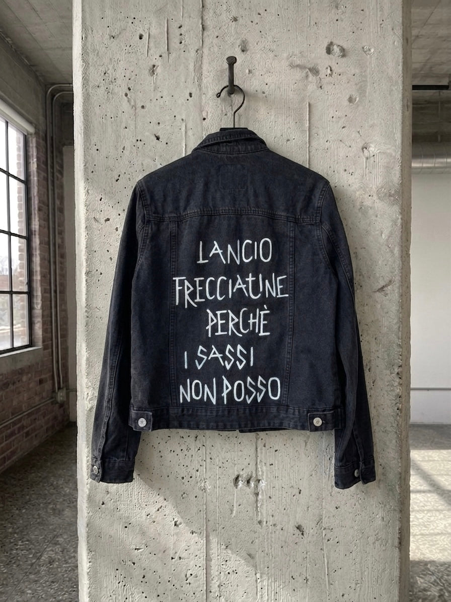 Giacca denim ‘lancio frecciatine’ hand printed