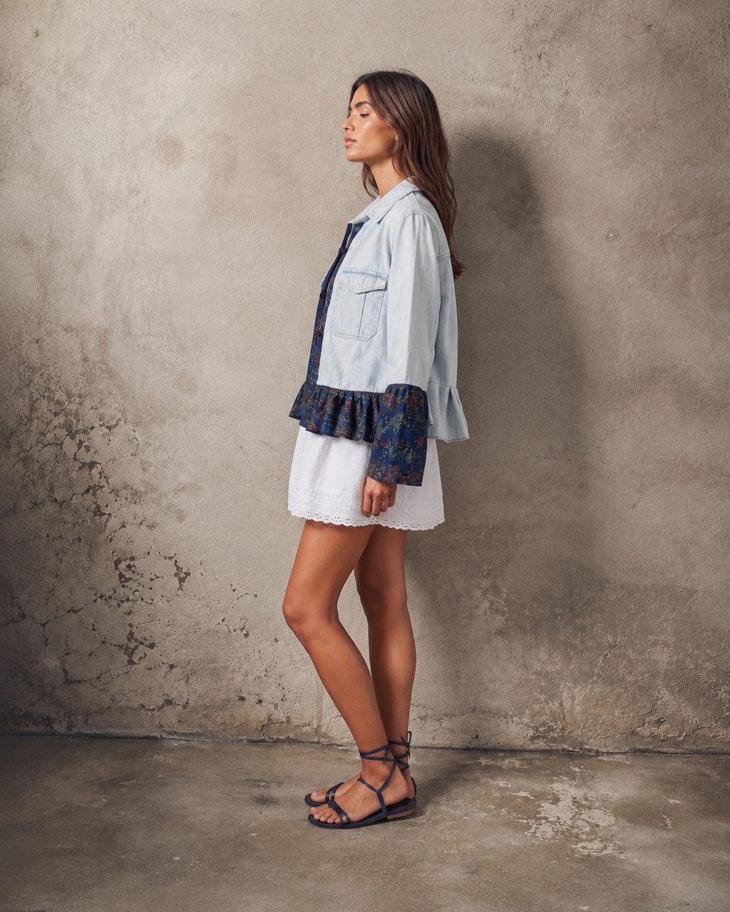 Giacca denim rouches kimono orientale upcycling
