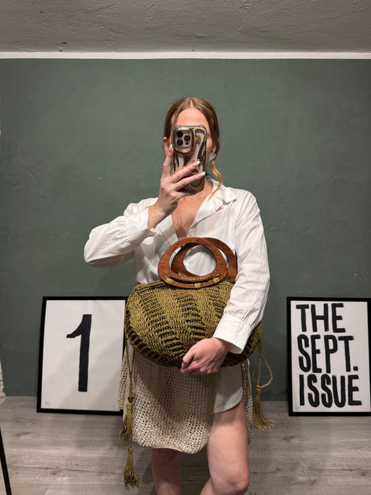 Borsa macramè manico legno