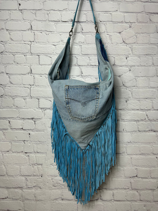 Denim bag fringes handmade light blue