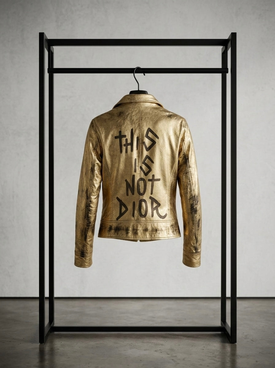 Biker in pelle gold ‘This is not Dior’ hand printed