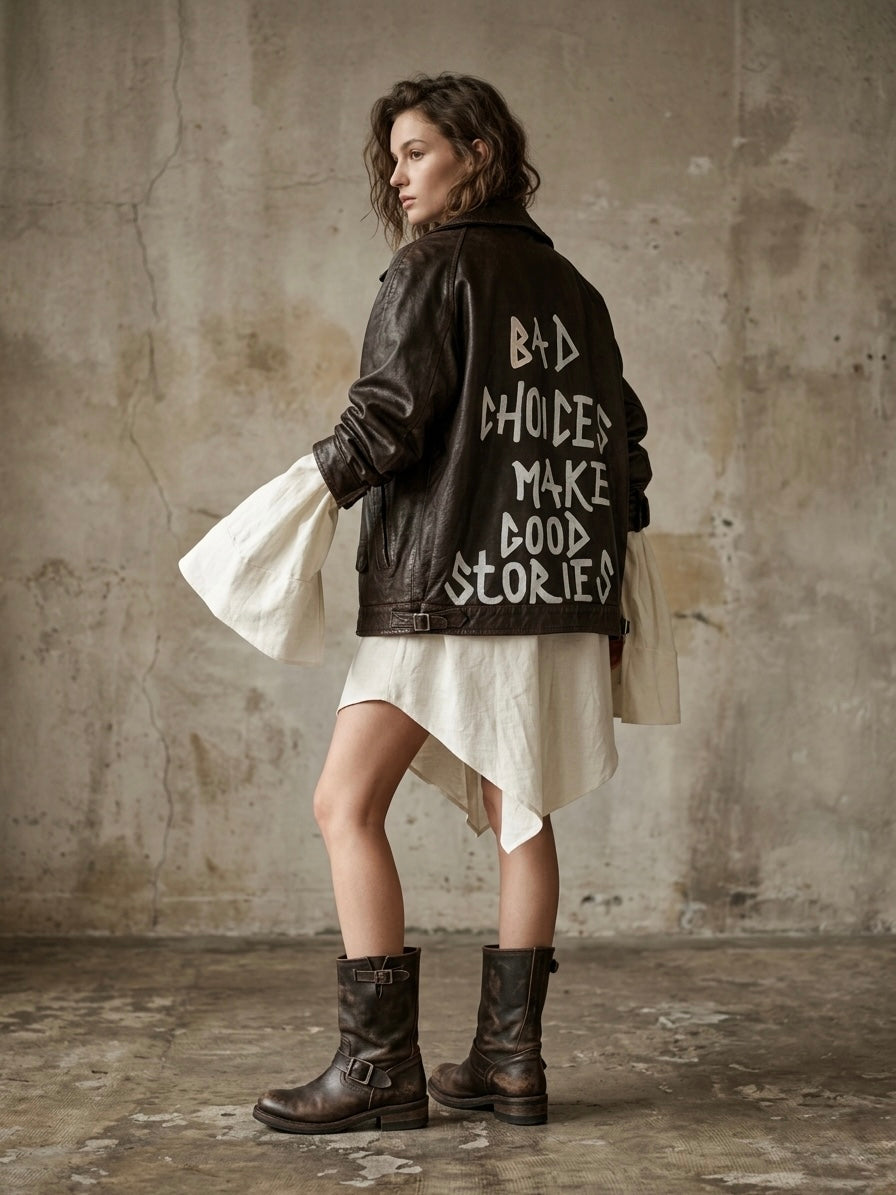 Giacca in pelle vintage ‘Bad choices’ hand printed