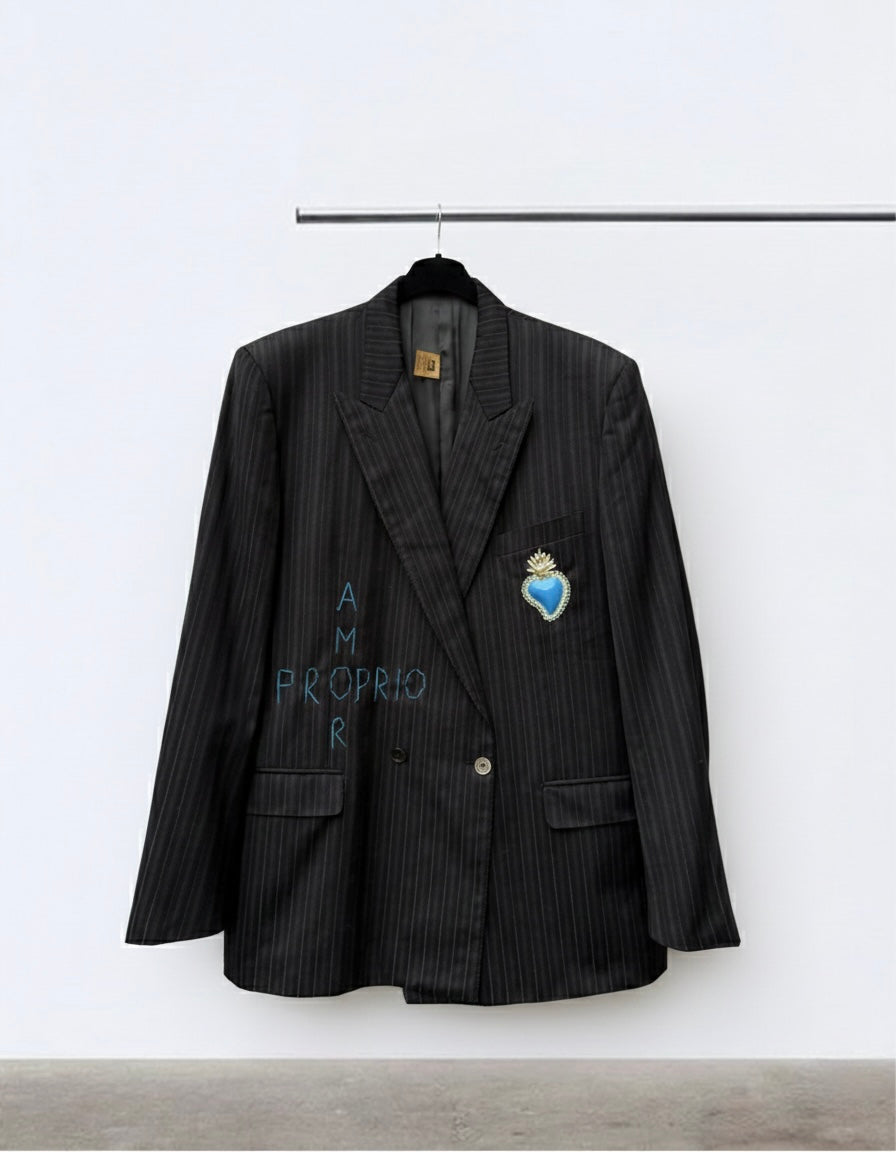 Blazer vintage gessato doppiopetto  ‘Amor proprio’ Sacré-Cœur handmade - upcycling