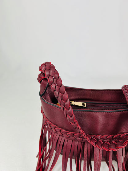 Pochette frange tracolla intrecciata burgundy