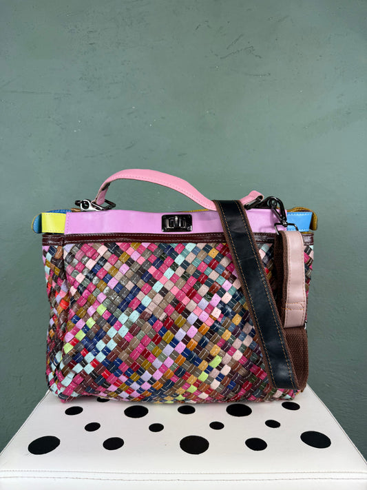 Borsa shopper vera pelle intrecciata multicolor